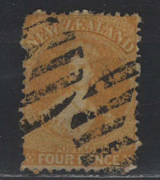 Lot 307 New Zealand SG#120 4d Dull Golden Yellow , 1864-1871 Chalon Heads Issue, A Fine Used Single, Large Star Wmk, Line Perf 12.5, Very Fine Centering For This Issue.