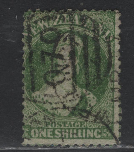 Lot 308 New Zealand SG#123 1/- Deep Green , 1864-1871 Chalon Heads Issue, A Good Used Single, Comb Perf 12.5, Large Star Wmk, Auckland Centering, Auckland Duplex Cancel, Small Tear Above Z Of Zealand.