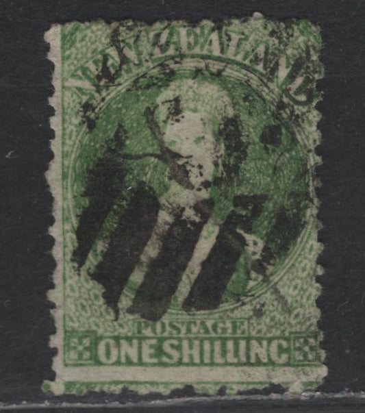 Lot 309 New Zealand SG#124 1/- Green , 1864-1871 Chalon Heads Issue, A Very Good Used Single, Line Perf 12.5, Large Star Wmk, Fine Centering For This Issue.