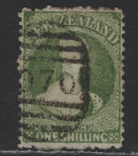 Lot 310 New Zealand SG#125 1/- Deep Yellow Green , 1864-1871 Chalon Heads Issue, A Very Fine Used Single, Line Perf 12.5, Large Star Wmk, Auckland Printing, VF Centering for this Issue, A Very Nice Example Indeed.