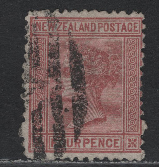 Lot 317 New Zealand SG#155 4d Maroon , 1874-1878 First Sideface Issue, A Fine Used Single, Line Perf 12.5, Auckland Barred Cancel, VF Centering For This Issue.