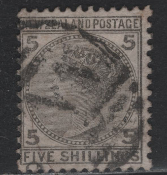 Lot 319 New Zealand SG#186 5/- Gray , 1874-1878 First Sideface Issue, A Fine Used Single, Comb Perf 12x11.5, Fine Centering For This Issue