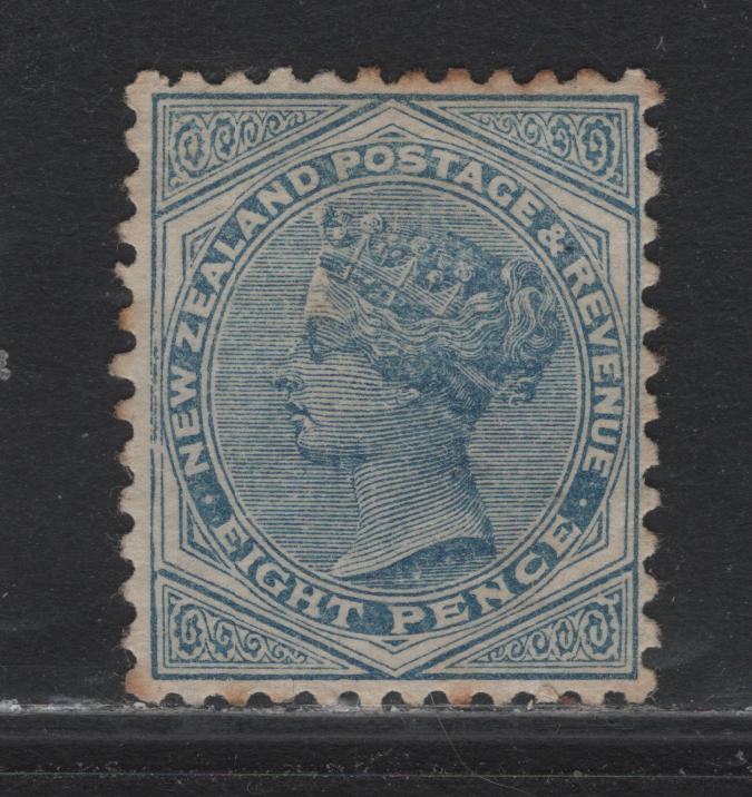 Lot 322 New Zealand SG#192 8d Blue , 1882-1886 Second Sideface Issue, A Very Fine Unused Single, Horizontal Wove Paper, Well Centered No Gum Mint Example Of This Early Printing, Some Toning Of The Perf Tips.