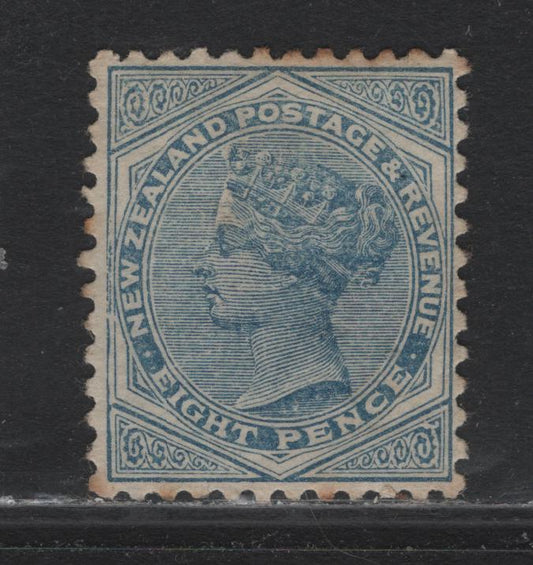 Lot 322 New Zealand SG#192 8d Blue , 1882-1886 Second Sideface Issue, A Very Fine Unused Single, Horizontal Wove Paper, Well Centered No Gum Mint Example Of This Early Printing, Some Toning Of The Perf Tips.