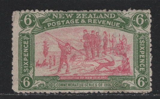 Lot 335 New Zealand SG#373 6d Pink & Olive Green , 1906 Christchurch Exhibition Issue, A FOG Single, Campbell Patterson #54a, Sideways Inverted Wmk