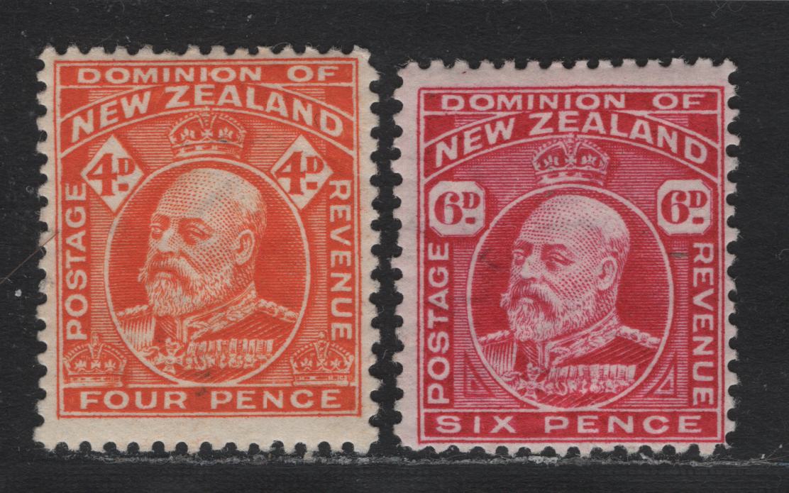 Lot 340 New Zealand SG#390, 398 4d - 6d Orange-Red - Carmine , 1909-1916 King Edward VII Issue, 2 FOG Singles, Comb Perf 14x14.5 & Line Perf 14