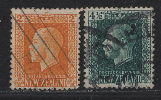 Lot 343 New Zealand SG#418, 423 2d - 4.5d Yellow - Deep Green , 1915-1930 Perkins Bacon KGV Engraved Sideface Issue, 2 Fine Used Singles, Comb Perf 14x13.5, 4.5d Has A Light Diagonal Crease, Both Values Much Scarcer Used Than Mint