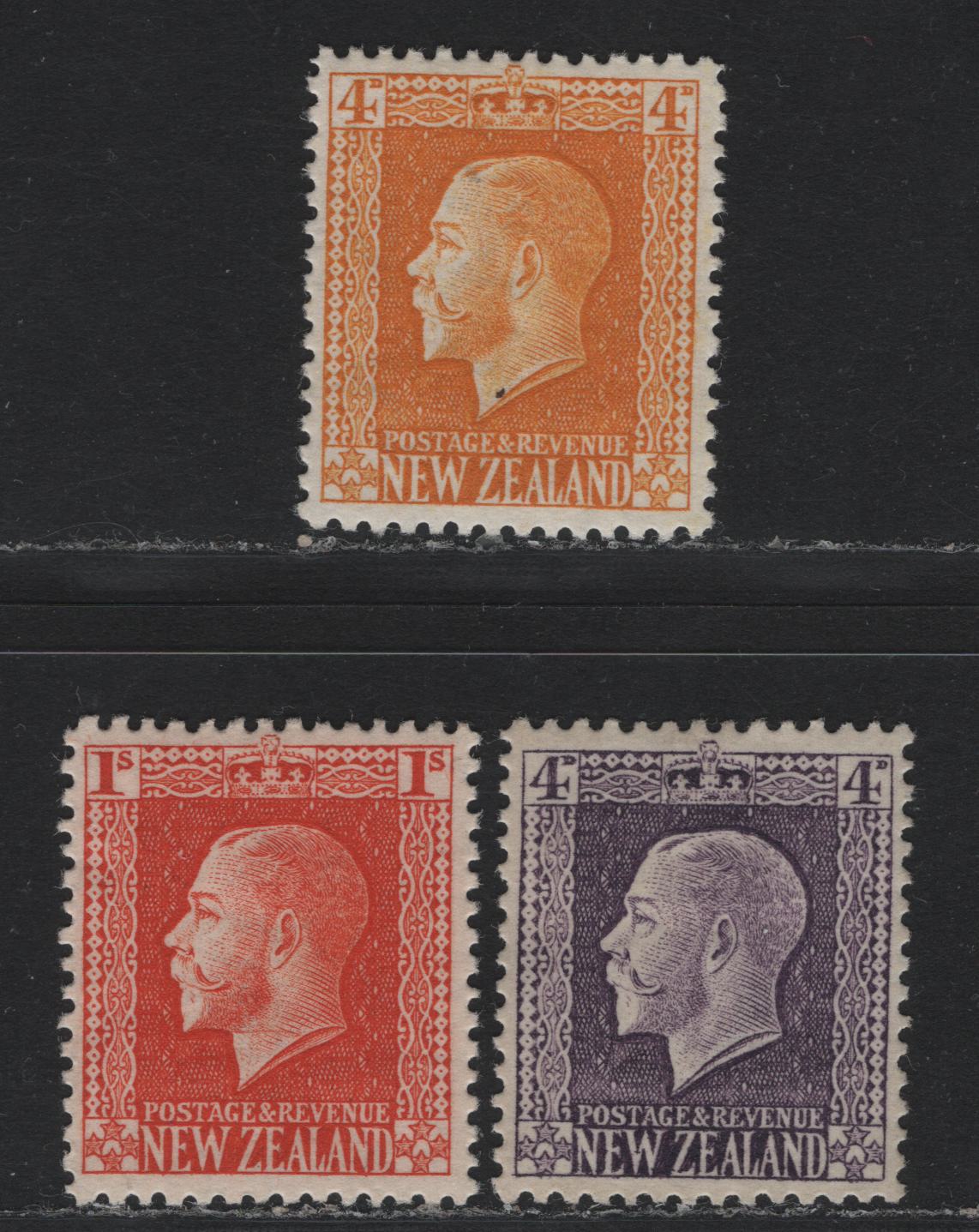 Lot 350 New Zealand SG#421c, 422e, 430c 4d - 1/- Yellow - Vermillion , 1915-1930 Perkins Bacon KGV Engraved Sideface Issue, 3 VFOG Singles, Perf 14x14.5