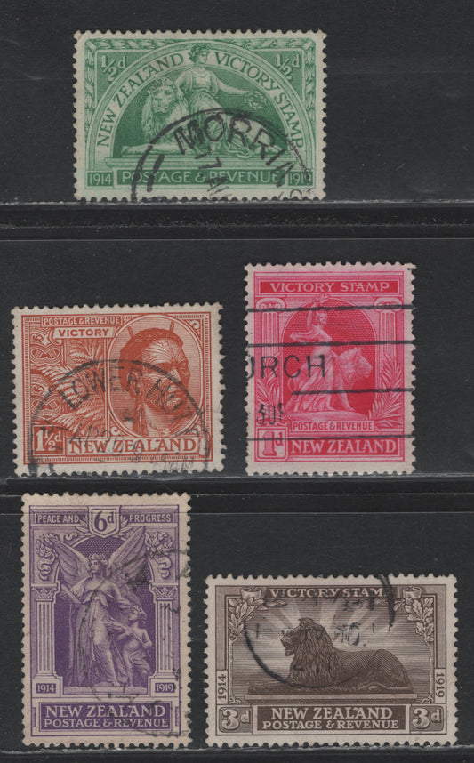 Lot 352 New Zealand SG#453, 454a, 455-457 1/2d - 6d Green - Violet , 1920 Victory Issue, 5 Fine/Very Fine Used Singles, 3d Has A Very Light Diagonal Crease