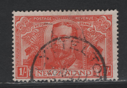 Lot 353 New Zealand SG#458 1/- Orange Red , 1920 Victory Issue, A Fine Used Single, Light Wrinkles