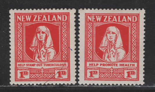 Lot 355 New Zealand SG#544-545 1d+1d Scarlet , 1929-1930 Health Issue, 2 VFOG Singles