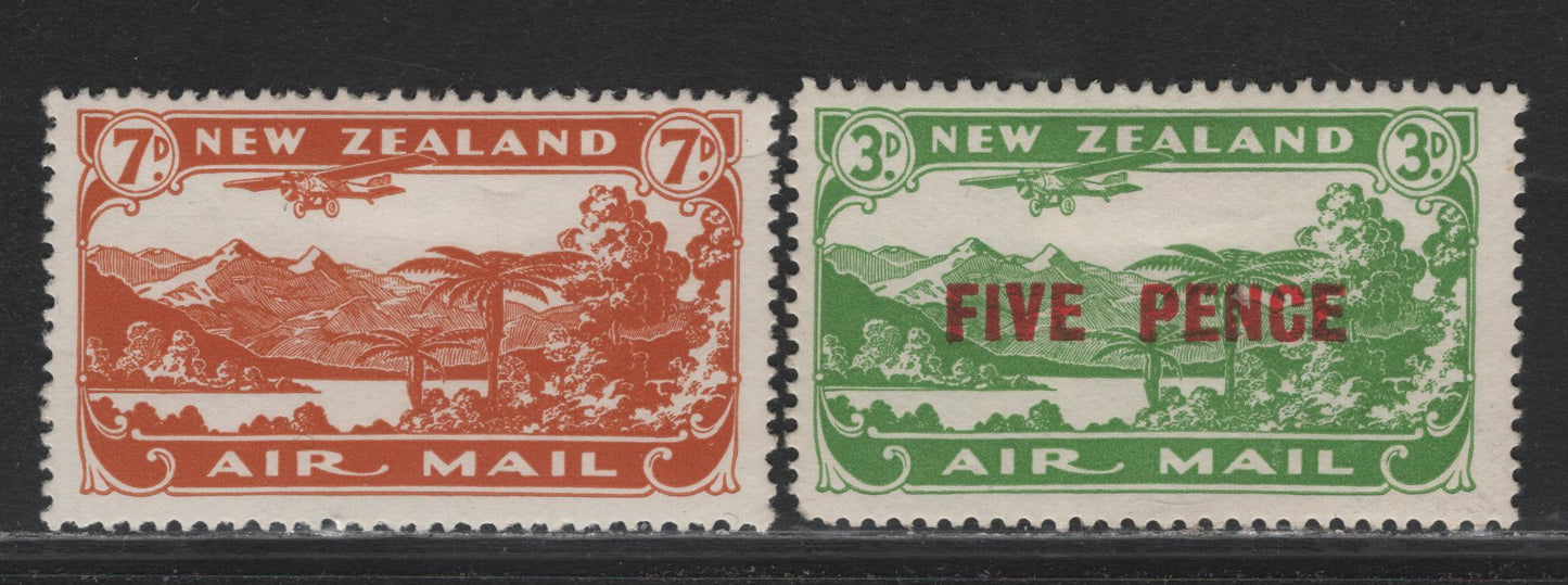 Lot 357 New Zealand SG#550-551 7d - 5d on 3d Brown Orange - Green , 1931-1935 Airmail & Surcharged Airmail Issue, 2 F/VFOG Singles