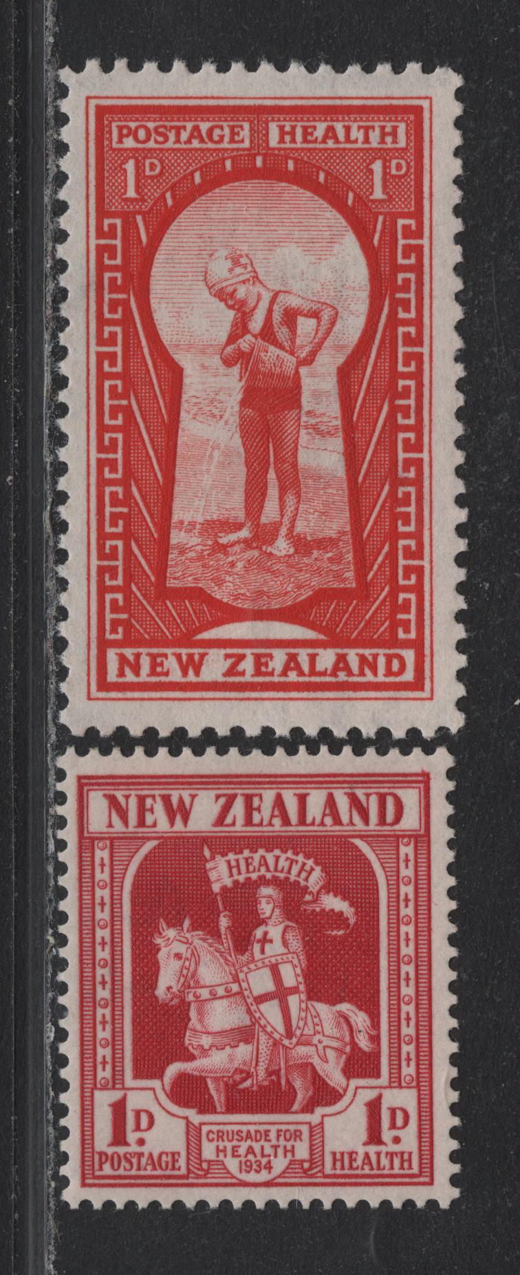 Lot 361 New Zealand SG#555, 576 1d+1d Carmine - Scarlet , 1934-1935 Health Issue, 2 VFNH/OG Singles