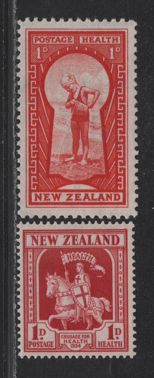 Lot 361 New Zealand SG#555, 576 1d+1d Carmine - Scarlet , 1934-1935 Health Issue, 2 VFNH/OG Singles