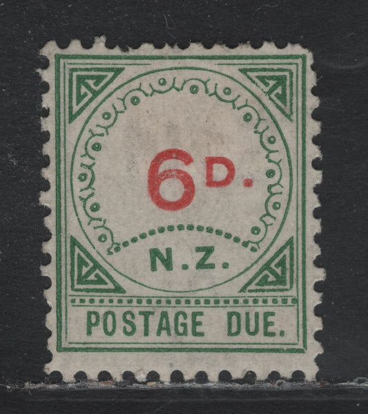 Lot 370 New Zealand SG#D7 6d Carmine & Green , 1899-1900 Postage Due Issue, A FOG Single, Type 1, Circle of 14 Ornaments & 17 Dots over NZ, Small D, Perf 11.