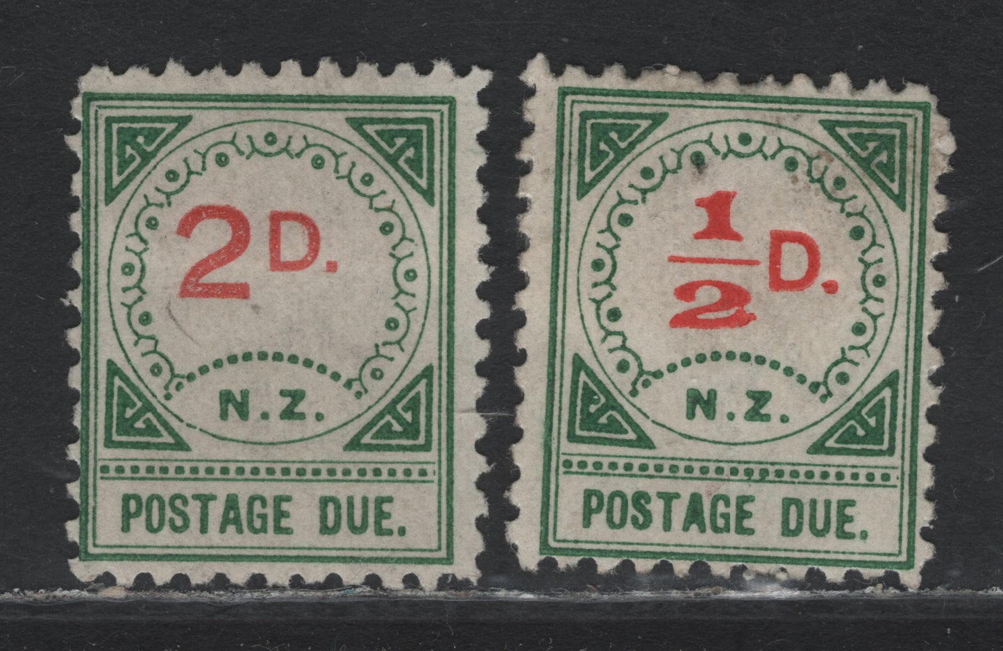 Lot 371 New Zealand SG#D9, D11 1/2d - 2d Vermillion & Green , 1899-1900 Postage Due Issue, 2 FOG Singles, Type 2, Circle of 13 Ornaments & 15 Dots over NZ, Large D, Perf 11.