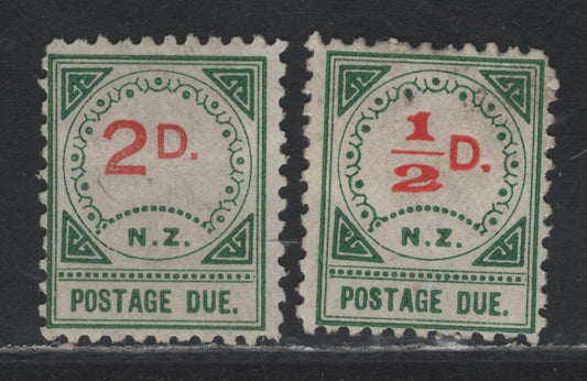 Lot 371 New Zealand SG#D9, D11 1/2d - 2d Vermillion & Green , 1899-1900 Postage Due Issue, 2 FOG Singles, Type 2, Circle of 13 Ornaments & 15 Dots over NZ, Large D, Perf 11.