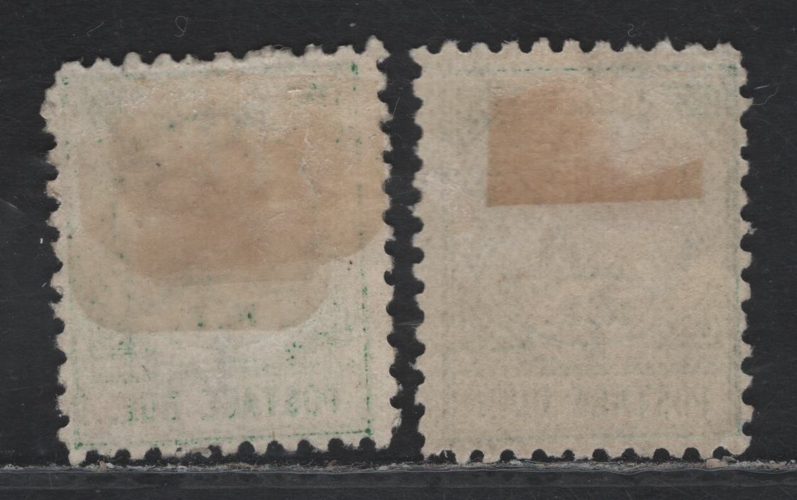 Lot 371 New Zealand SG#D9, D11 1/2d - 2d Vermillion & Green , 1899-1900 Postage Due Issue, 2 FOG Singles, Type 2, Circle of 13 Ornaments & 15 Dots over NZ, Large D, Perf 11.
