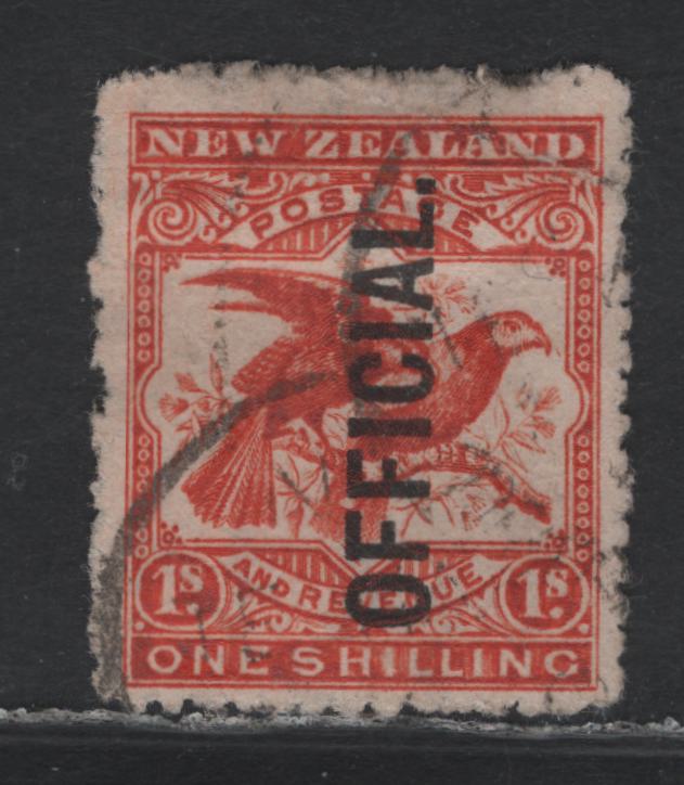 Lot 375 New Zealand SG#O65 1/- Orange Red , 1907-1911 Official Overprinted Pictorial Issue, A Fine Used Single, Perf 14