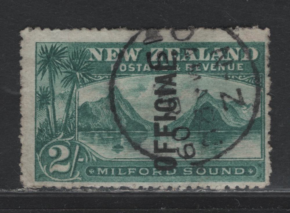 Lot 376 New Zealand SG#O66 2/- Blue Green , 1907-1911 Official Overprinted Pictorial Issue, A Fine Used Single, Perf 14, Nice 1909 CDS Cancel