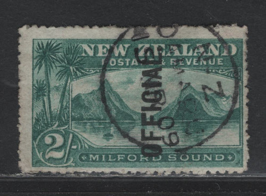 Lot 376 New Zealand SG#O66 2/- Blue Green , 1907-1911 Official Overprinted Pictorial Issue, A Fine Used Single, Perf 14, Nice 1909 CDS Cancel