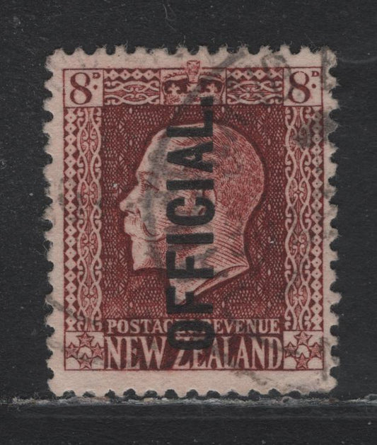 Lot 378 New Zealand SG#O103 8d Red Brown , 1915-1927 Official Overprinted KGV Engraved Perkins-Bacon Sideface Issue, A Very Fine Used Single, Perf 14x13.5, Scarce Postally Used Example