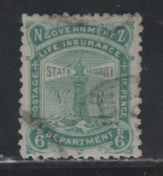 Lot 380 New Zealand SG#L5 6d Green , 1891-1898 Life Insurance Department Issue, A Very Fine Used Single, Beautifully Centered And Lightly Cancelled Example of This Scarce Stamp, Full & Even Perfs