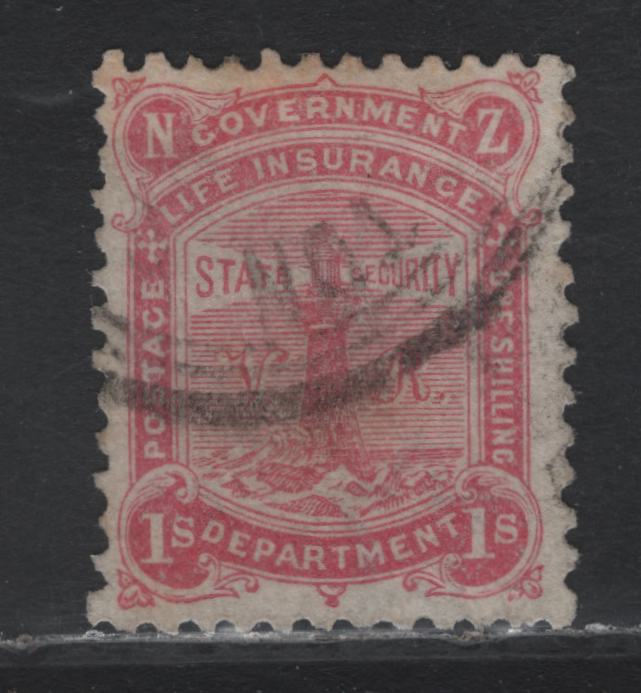 Lot 381 New Zealand SG#L6 1/- Rose , 1891-1898 Life Insurance Department Issue, A Fine Used Single, Perf 12x11.5