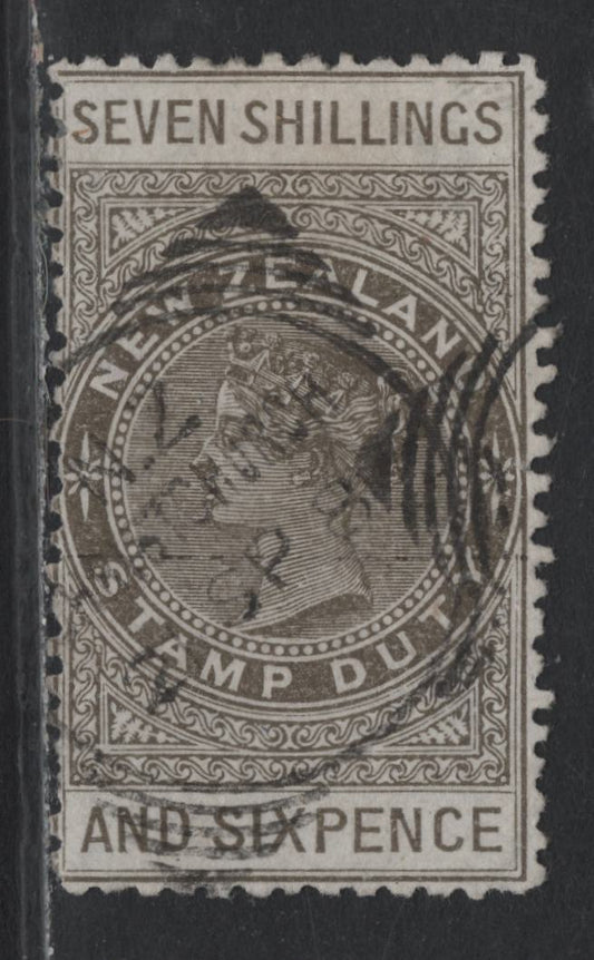 Lot 382 New Zealand SG#F16 7/6d Bronze Gray , 1882-1930 Postal Fiscal Issue, A Very Good Used Single, Perf 12, Star & NZ Wmk, 6mm Gap Between Star & NZ, Sept. 21 1881 Christchurch Squarred Circle Cancel.