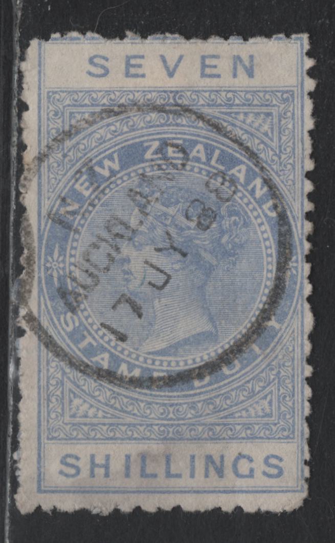 Lot 383 New Zealand SG#F15 7/- Ultramarine , 1882-1930 Postal Fiscal Issue, A Very Good Used Single, Perf 12, July 17 1888 Auckland CDS Cancel, Star & NZ Wmk, 6mm Gap Between Star & NZ.