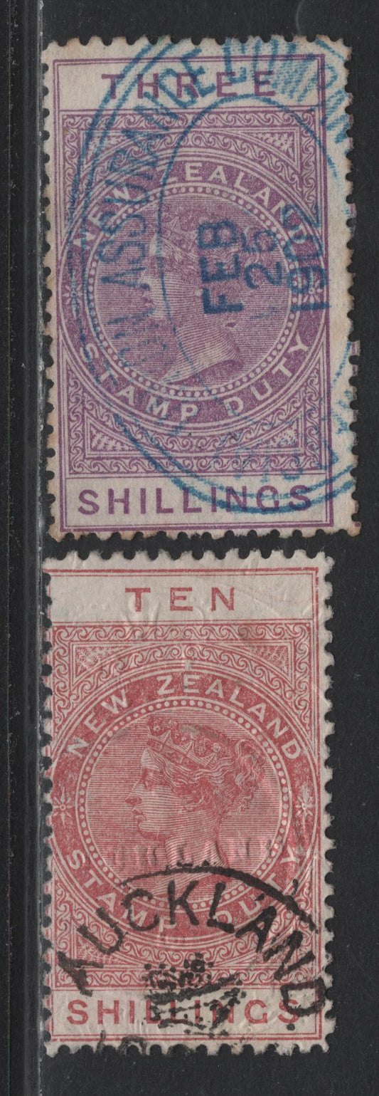 Lot 384 New Zealand (C) SG#F58, F66a 3/- - 10/- Mauve - Maroon , 1865-1901 Postal Fiscal Issue, 2 Fine Used Singles, Star & NZ Wmk, 7mm Gap Between Star & NZ, Perf 11, Fiscal Cancels.