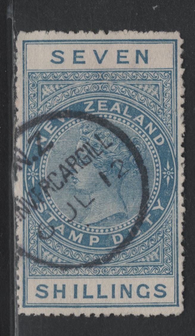 Lot 387 New Zealand (C) SG#F83 7/- Blue , 1906 Postal Fiscal Issue, A Very Fine Used Single, Beautifully Centered Postally Used Example, July 6th 1912 Invercargill CDS Cancel, Usual Rough, But Intact Perfs.