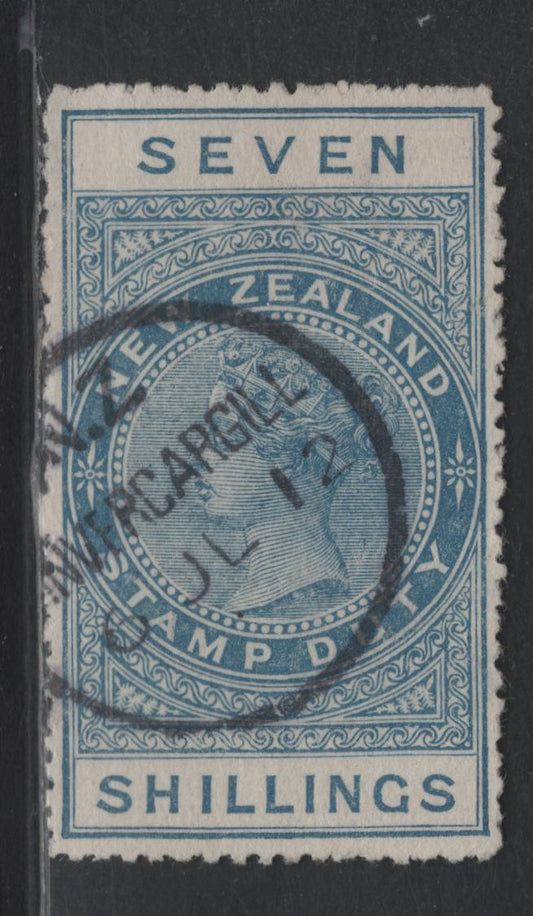Lot 387 New Zealand (C) SG#F83 7/- Blue , 1906 Postal Fiscal Issue, A Very Fine Used Single, Beautifully Centered Postally Used Example, July 6th 1912 Invercargill CDS Cancel, Usual Rough, But Intact Perfs.