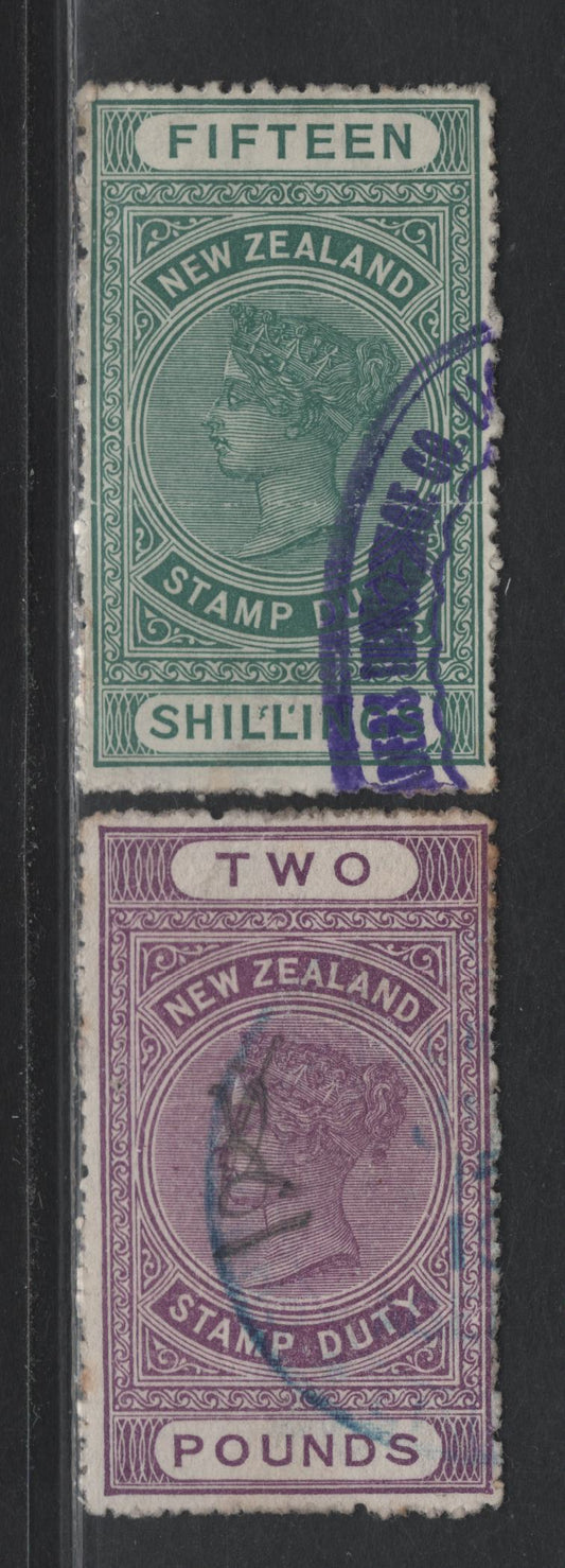 Lot 388 New Zealand (C) SG#F109 (Scott# AR43, AR45) 15/- - £2 Green - Violet , 1913 Postal Fiscal Issue, 2 Good/Very Good Used Singles, Sideways Star & NZ Wmk, Perf 14, 15/- Is On Chalky Paper & Shows An Interesting & Unlisted Flaw.