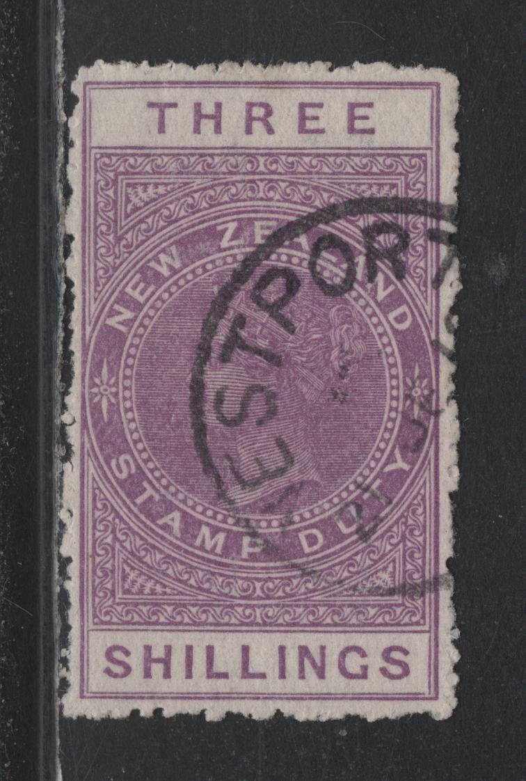 Lot 390 New Zealand (C) SG#F92 3/- Mauve , 1907 Postal Fiscal Issue, A Very Fine Used Single, Unsurfaced Cowan Paper, Postally Used, Westport CDS Cancel.