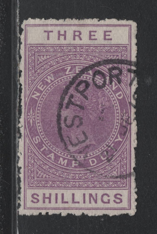 Lot 390 New Zealand (C) SG#F92 3/- Mauve , 1907 Postal Fiscal Issue, A Very Fine Used Single, Unsurfaced Cowan Paper, Postally Used, Westport CDS Cancel.