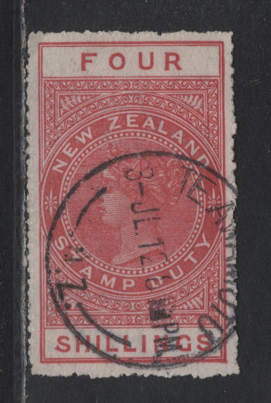 Lot 391 New Zealand (C) SG#F93 4/- Orange Red , 1907 Postal Fiscal Issue, A Very Fine Used Single, Unsurfaced Cowan Paper, Te Amarutu Cancel Dated July 3 1912, Comb Perf 14.5x14.