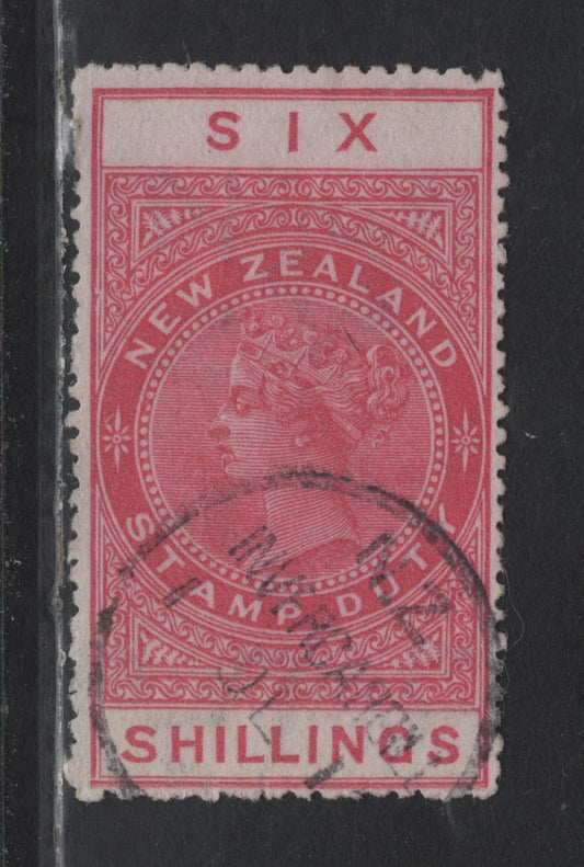 Lot 392 New Zealand (C) SG#F94 6/- Rose , 1907 Postal Fiscal Issue, A Very Fine Used Single, Unsurfaced Cowan Paper, Per 14.5x14, Postally Used With Invercargill CDS Cancel.