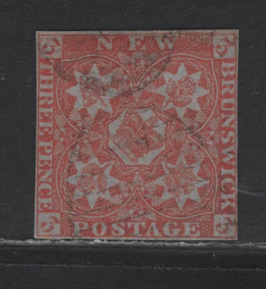Lot 393 New Brunswick (C) SC#1 3d Red , 1851 Pence Issue, A Very Good Used Single, Lightly Cancelled 4 Margin Example With Very Close Margins, Margin Above 'New" Being Expertly Added & Design Painted In