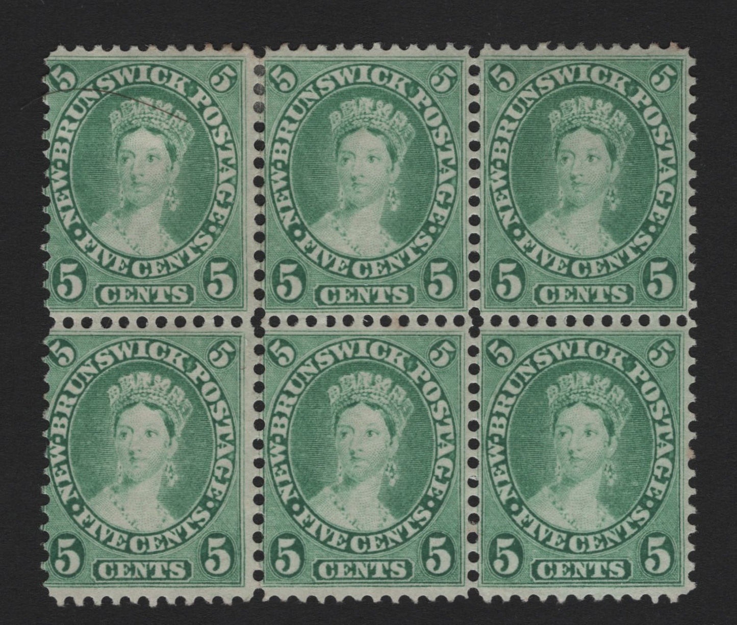 Lot 395 New Brunswick (C) SC#8 5c Yellow Green , 1860 Queen Victoria Issue, A F/VFOG/NH Block Of 6, Perf 12x11.75, Very Rare & Fresh, Top Stamps OG, Bottom Stamps NH, 2 of the NH Stamps (Right) Having Natural Gum Skips.
