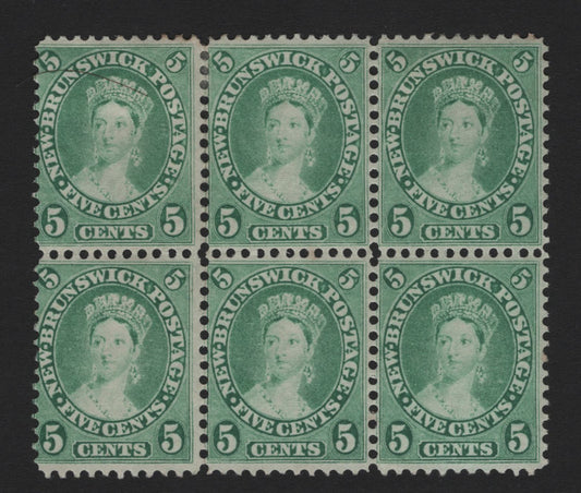 Lot 395 New Brunswick (C) SC#8 5c Yellow Green , 1860 Queen Victoria Issue, A F/VFOG/NH Block Of 6, Perf 12x11.75, Very Rare & Fresh, Top Stamps OG, Bottom Stamps NH, 2 of the NH Stamps (Right) Having Natural Gum Skips.