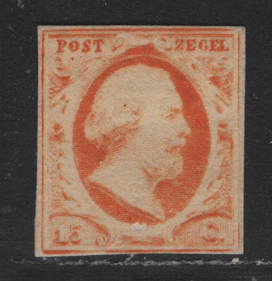 Lot 301 Netherlands SC#3 15c Orange Yellow , 1852 King William III Sideface Issue, A Fine Unused Single, 4 Close But Clear Margins, No Gum
