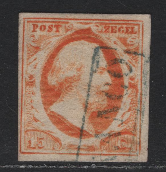 Lot 302 Netherlands SC#3 15c Orange Yellow , 1852 King William III Sideface Issue, A Very Fine Used Single, 2 Full & 2 Close Margins, Boxed Frenco Cancel