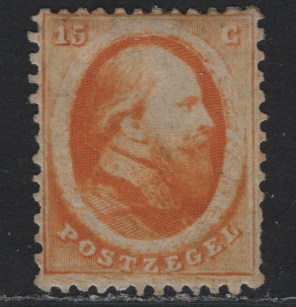 Lot 303 Netherlands SC#6a 15c Orange Yellow , 1864 Perforated King William III Sideface Issue, A FOG Single, Well Centered For This Issue, 2 Short Perfs At LR