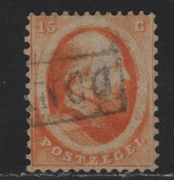 Lot 304 Netherlands SC#6 15c Orange , 1864 Perforated King William III Sideface Issue, A Fine Used Single, Almost VF Centering For This Issue, Boxed Frenco Cancel