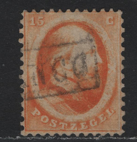 Lot 304 Netherlands SC#6 15c Orange , 1864 Perforated King William III Sideface Issue, A Fine Used Single, Almost VF Centering For This Issue, Boxed Frenco Cancel