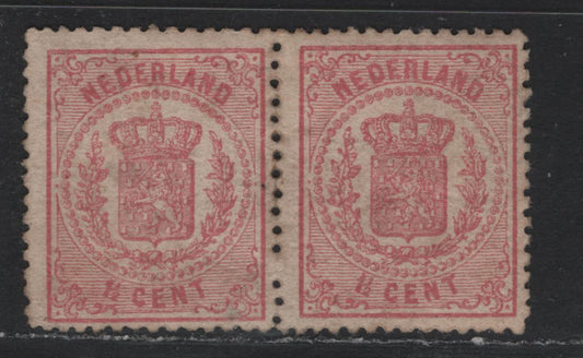 Lot 307 Netherlands SC#20 1.5c Rose , 1869-1871 Arms Issue, A VG/FOG Pair, Comb perf 13.25, Mint OG, Shallow Thin on Left Stamp.