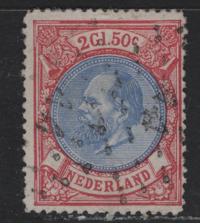 Lot 312 Netherlands SC#33 2g50c Rose & Ultramarine , 1872-1888 King William III Sideface Issue, A Very Good Used Single, Perf 14, #44 Roosendaal Cancel, Very Tiny Pinpoint Thin To Right Of Hinge Remnant.
