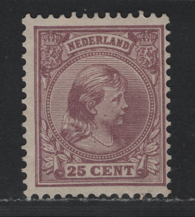 Lot 313 Netherlands SC#48 25c Dull Violet , 1891-1894 Princess Wilhelmina Sideface Issue, A Fine Unused Single, Perf 12.5, Large Holes, Mint Example Without Gum.