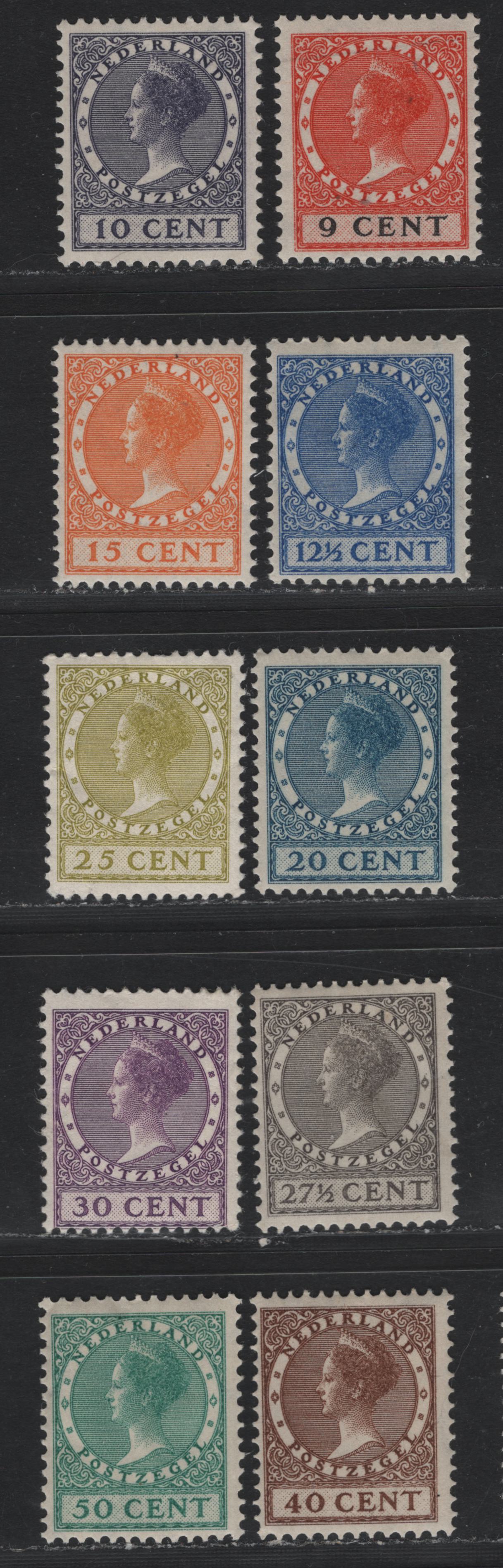 Lot 315 Netherlands SC#155-156, 176/192 25c - 50c Olive Bistre - Blue Green , 1924-1939 Queen Wilhelmina Photogravure Issue, 10 F/VFOG Singles, Unwatermarked & Circle Wmks